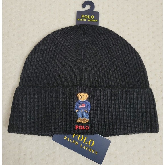 NWT Polo Ralph Lauren POLO BEAR in Flag Sweater rib knit beanie BLACK - Picture 1 of 2